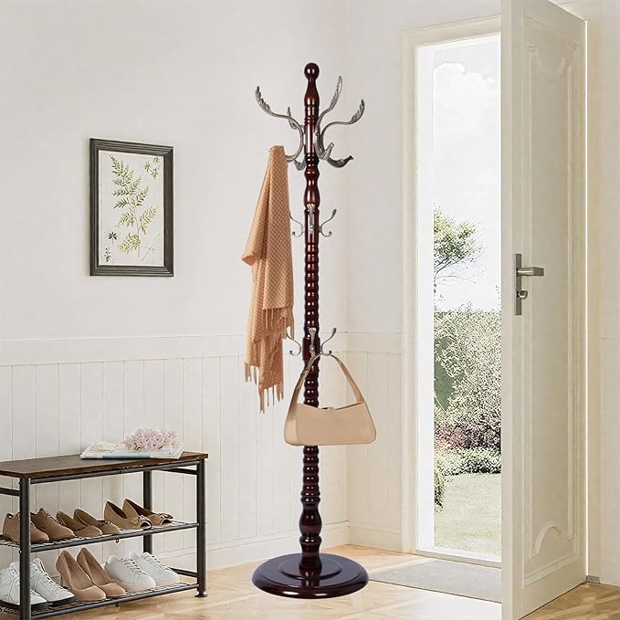 Wooden coat rack stand, Heavy duty coat racks tree freestanding with 14 Hooks and Sturdy Round Base, Coat tree for jacket, Hats, Bags, Purses, clothes (Round base-Metal Phoenix Groove)