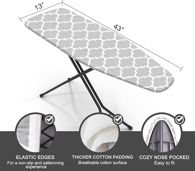 Ironing Board Cover and Pad, Standard Size 12" x 42" Iron Board Replacement Cover, 4 Layers Extra Thick Iron Board Cover Resist Scorching and Staining with Elastic Edge and 2 Fastener Straps