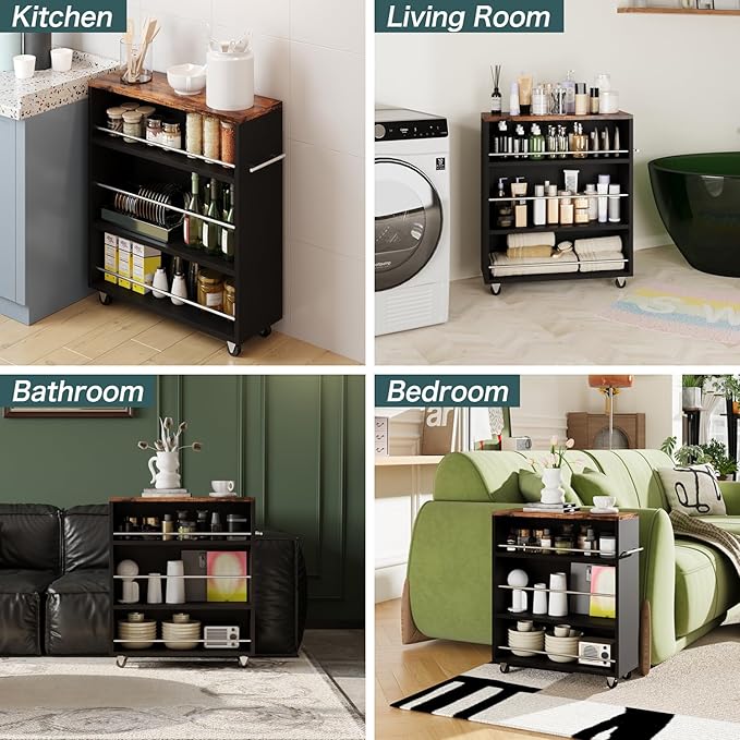 ALBAD Slim Rolling Cart,4-Tier Storage Cart with Wheels,7.9”W Slim Storage Carts with Handle for Kitchen Laundry Narrow Places Bathroom Dining Room Small Spaces