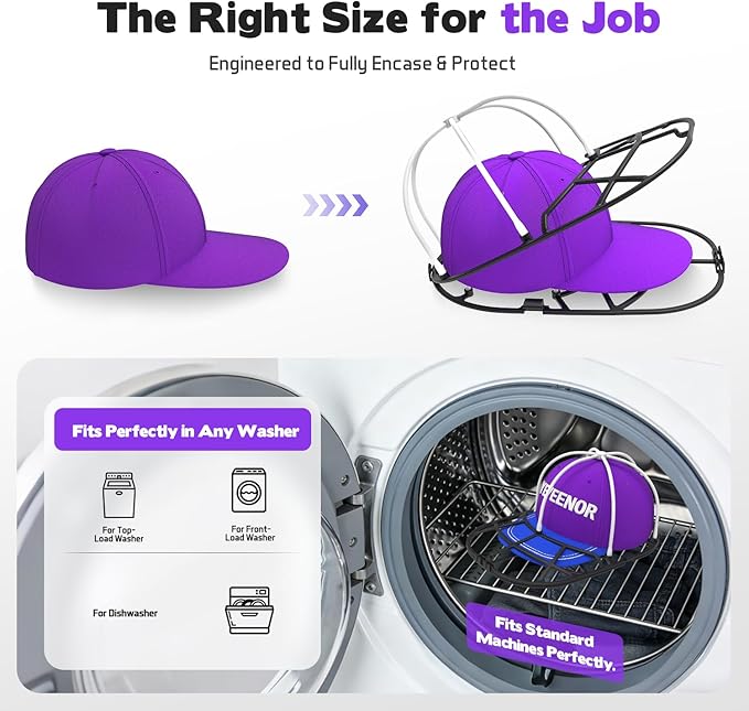 Hat Washer Cage for Washing Machine - Baseball Cap Cleaner Rack, Ball Cap Washing, Dishwasher Safe, Perfect for Cleaning and Protecting Hats in Dishwasher (White/Black 2 Pack (Assembly))