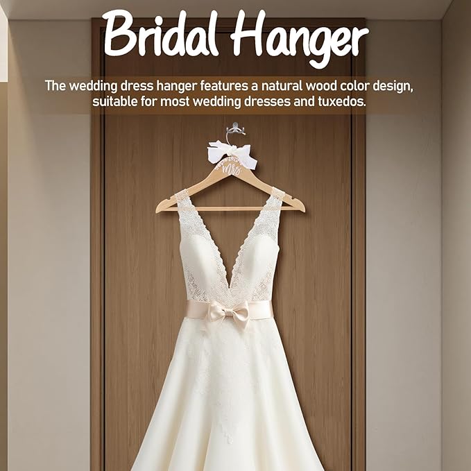 Wooden Mrs. Bride Hanger for Wedding Dress, Elegant Bridal Hanger with Ribbon Bow Tie & Pearls for Gift Shower Party Suit Gowns Keepsake 38 cm (Beige)