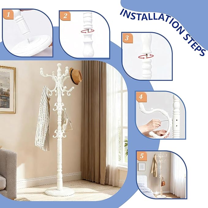 73" Wooden Freestanding Coat Rack，Easy to Adjust, Easy to Assemble for Children, Youth,Coat Rack Stand With Adults，18 Hooks and Round Solid Wood Base for Entrance Hallway Office (Retro White, 1 PCS)