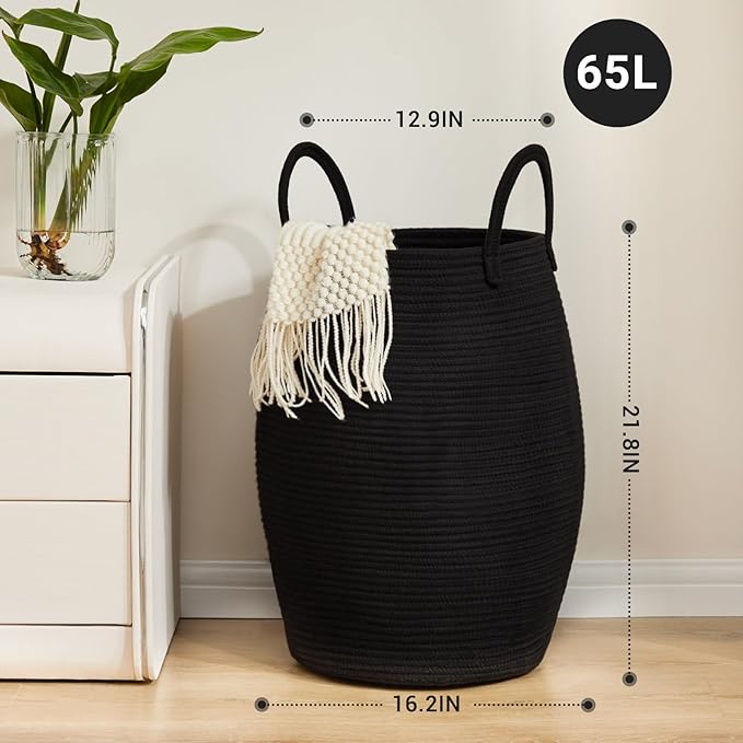 Cotton Rope Laundry Hamper Basket, 65L Woven Large Laundry Basket, Tall Dirty Clothes Hamper for Storage Blankets, Toys in Bedroom, Living Room Organizing-Collapsible-Black