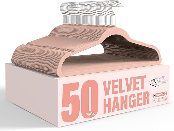 Simple Deluxe Velvet Hangers 50 Pack, Non-Slip Clothes Hangers with Shoulder Notches, 360° Swivel Hooks, Heavy Duty Coat Suit Hangers for Closet Space Saving, Pink