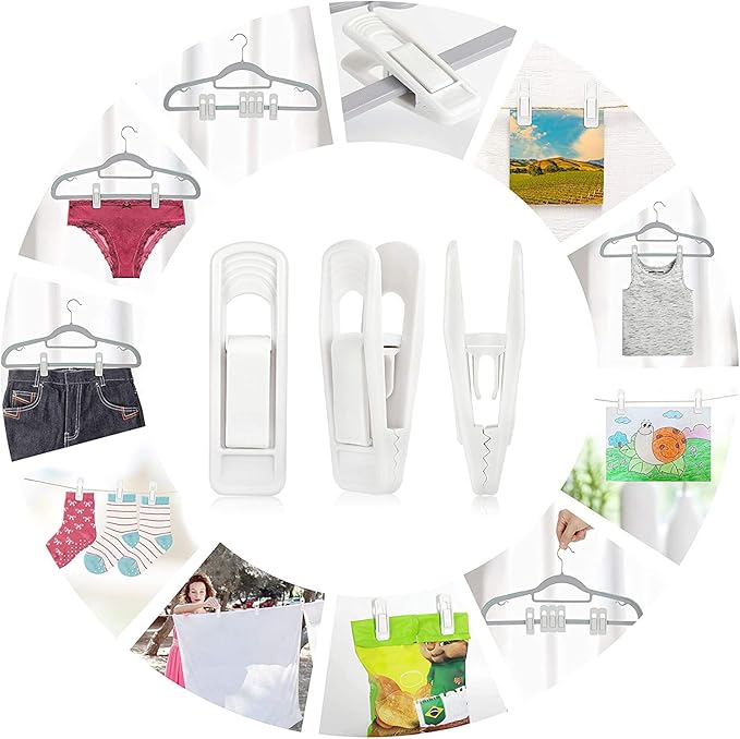 Tinfol 20pc Hanger Clips - White Strong Pinch Grip Clips for Use with Slim-line Clothes Velvet Hangers, Multi-Purpose Finger Clip for Home