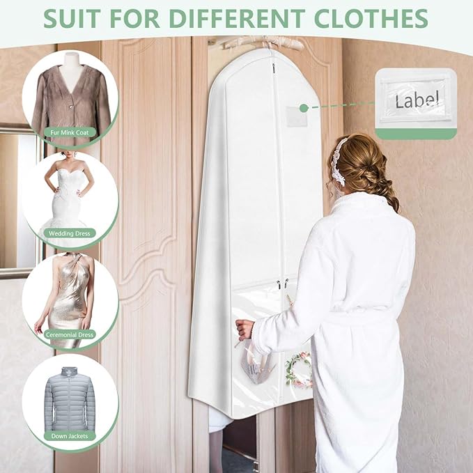 WSSROGY 72" Long Wedding Dress Garment Bag Cover for Gowns Women with 10'' Gusseted Dress Bags 4 Pocket (White 1 Pack)