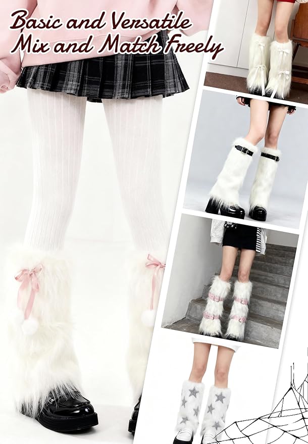 Zando Furry Faux Fur Leg Warmers for Women - Soft Fluffy Legwarmer Winter Boot Cuffs Covers for Daily Halloween Santa Costume