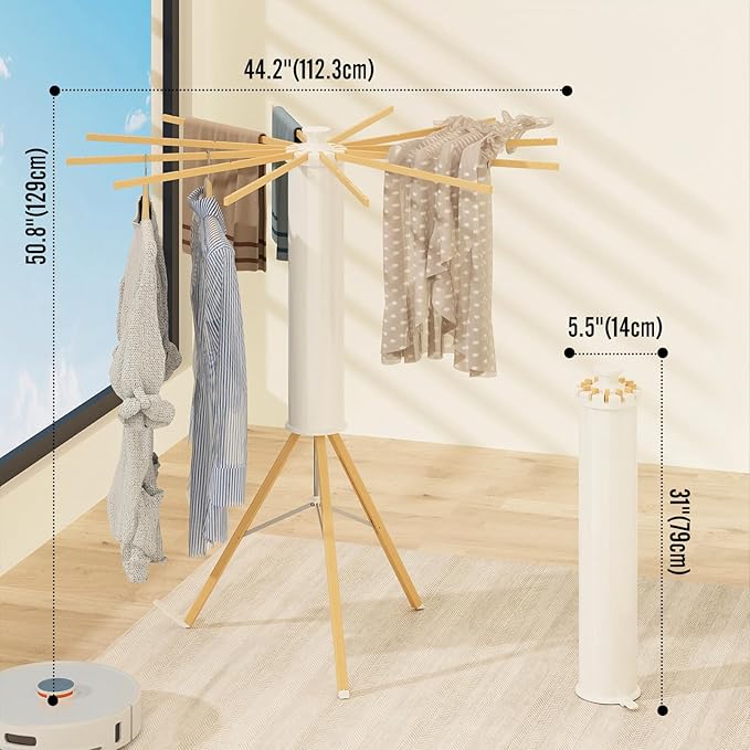 Dr.DJ Tripod Drying Rack Portable, Foldable Drying Rack Clothing with 12 Wood Drying Arms, Standing Laundry Hanger Rack Round Collapsible & Portable Handle for Laundry Room, Balcony, Bedroom, RV