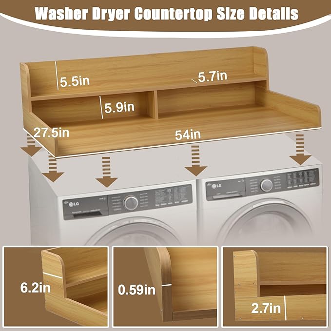 2-Tier Washer and Dryer Countertop, Wooden Washer Dryer Countertop, 27.5" Depth X 54" Laundry Countertop Over Washer and Dryer for Folding Clothes Over Washer and Dryer (Light Walnut)