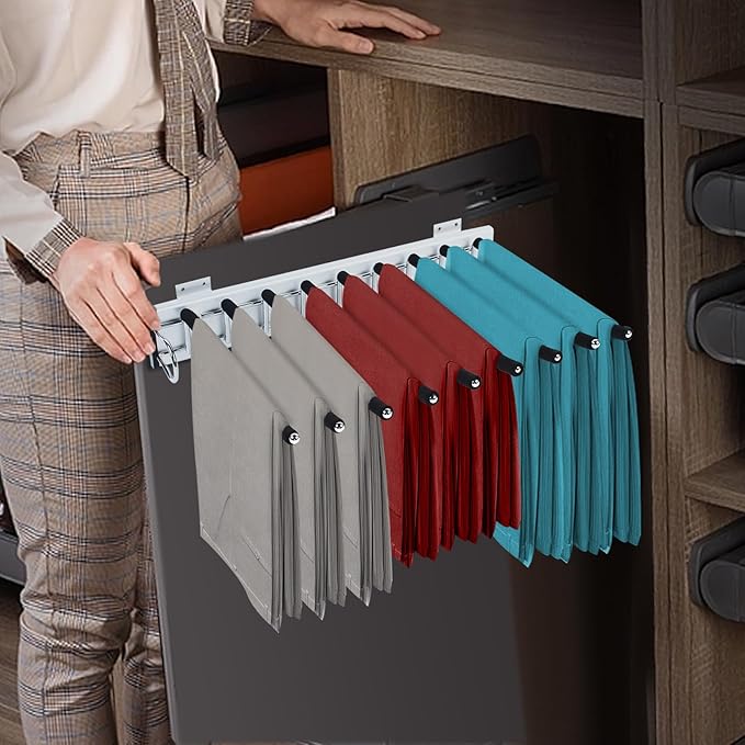 9 Arms Steel Slide Out Pants Rack Closet Pants Hanger Bar Pull Out Trousers Rack Tie Belts Scarf Racks, Wardrobe Clothes Organizers Rail Pull Out Closet Storage Rod-(Left Side Mounts)