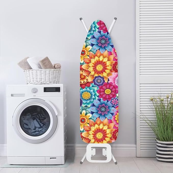 Colorful Flowers Ironing Board Cover Retro Dahlia Floral Iron Board Covers with Padding Fits All Standard Sizes, Scorch Resistant, Extra Thick with Elastic Edge