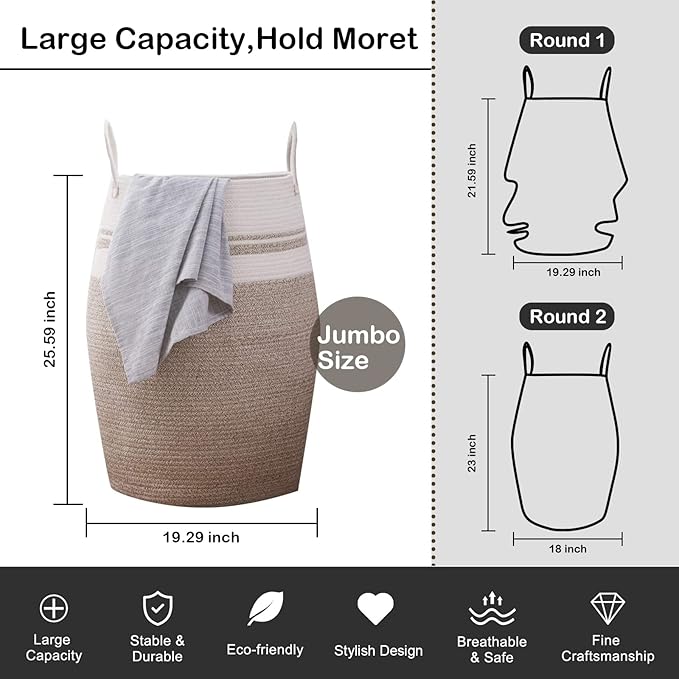 OIAHOMY Laundry Hamper Woven Cotton Rope Large Clothes Hamper 25.6" Height Tall Laundry Basket with Extended Cotton Handles for Storage Clothes Toys in Bedroom, Bathroom, Foldable (Yellow variegated)
