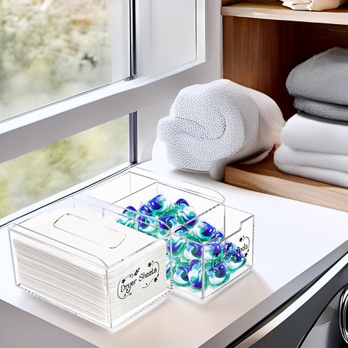 TOPZEA Dryer Sheet Holder, Clear Acrylic Laundry Organizer, 2 in 1 Dryer Sheet & Pods Container Dispenser with Label & Drawer, Storage Box for Laundry Room Organization, Dishwasher Pod, Clothespins