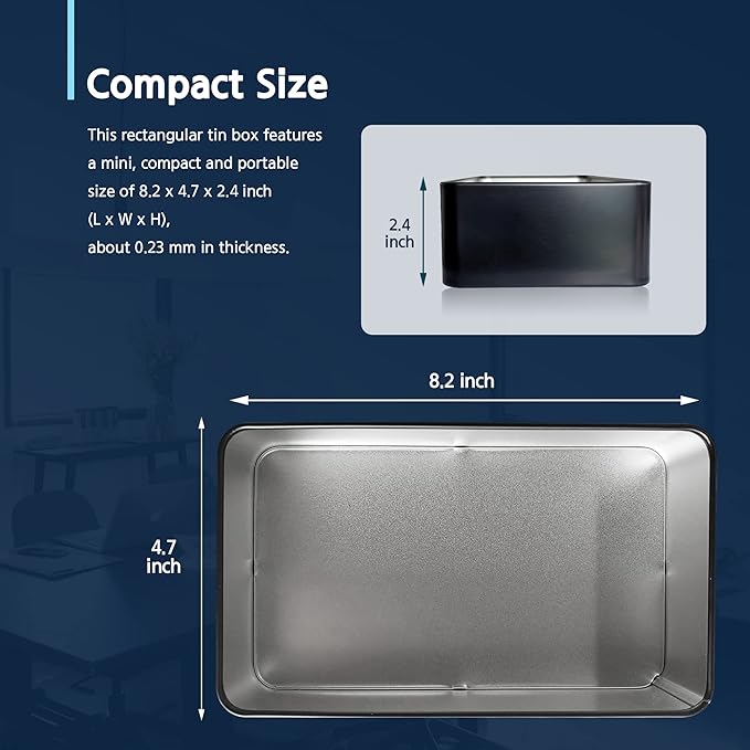 Black Metal Tin Box Lids - Large Containers, Holder for Keeping Car Keys, Cookie, Pencil Case, 8.2 x 4.7 x 2.4 inch