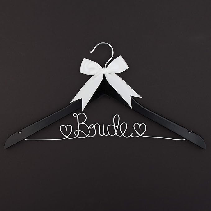 Ella Celebration Bride to Be Wedding Dress Hanger Wooden and Wire Hangers for Gown (Black with Silver Wire)