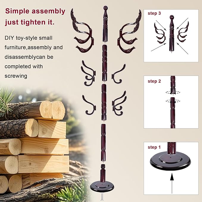 Wood Coat Rack Freestanding with 14 Hooks, 73 Inches Adjustable Height Coat Rack Stand, Vintage Hall Tree Coat Racks with Stable Round Base for Entryway, Bedroom (Solid Wood Fenghuang Gou)