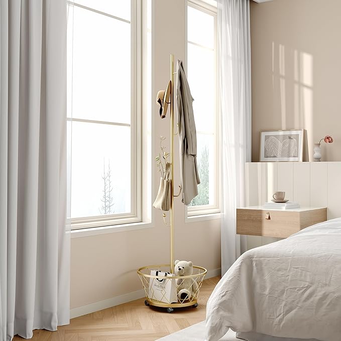 Champagne Gold Cactus shaped Coat Rack Hanger Freestanding, Metal Clothes Rack with Basket 6 Hooks to Hang Clothes, Hat, Bag for Entryway, Hallway, Bedroom