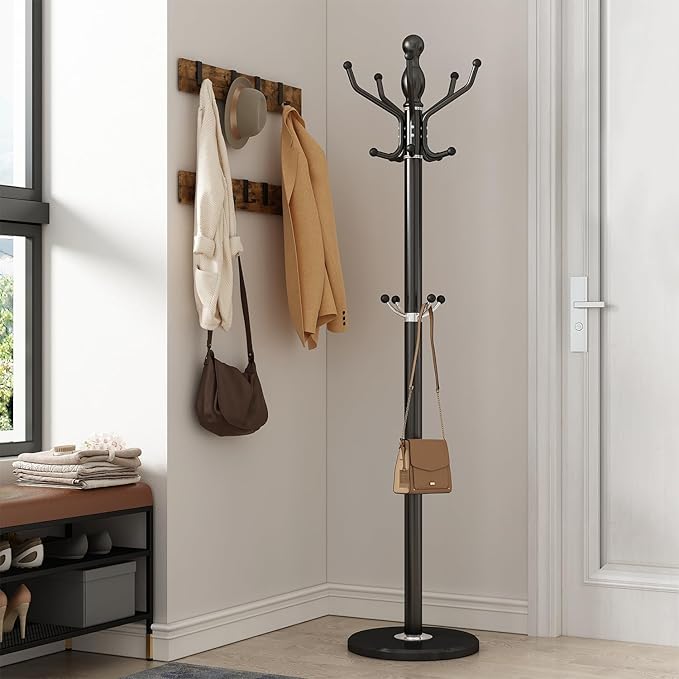 Metal Coat Rack Stand Modern Coat Rack Freestanding with 360° Rotary Design Sturdy Heavy Duty Coats Racks Hall Tree Hats Hanger Holder Stand with 14 Hooks for Entryway Hallway Office, Black