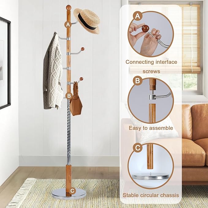 Solid Wood Coat Rack, Free Standing Hall Coat Tree with 6 Hooks, 3 Height Options, 180lbs Load, Stury Base, Clothes Rack for Entryway, Hallway, Bedroom (Disc Base - Cherry Swivel Hook)