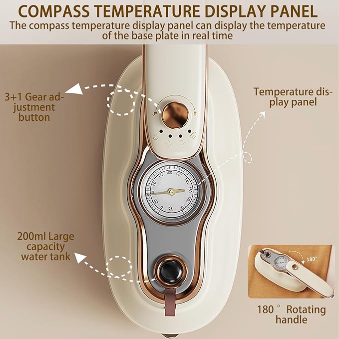Portable Ironing Machine, Foldable Wet Dry Dual-Purpose Large Panel Steam Iron, 180 ° Rotating Handle High-Power Hanging Iron Machine without Selecting Fabrics or Occasions (Beige)
