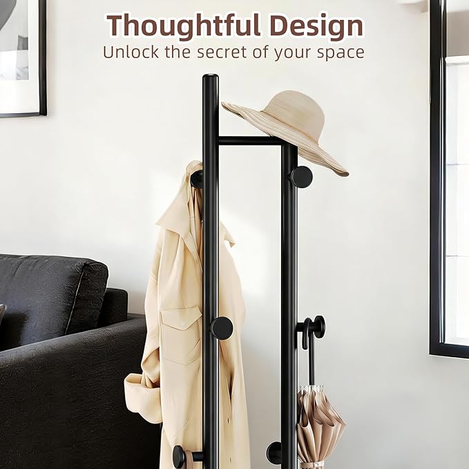 CozyDH Coat Rack Wooden Freestanding - Wood Coat Rack Freestanding Heavy Duty, Wooden Coat Stand with 6 Hooks Creative Look for Entryway, Hallway, Bedroom (Black)