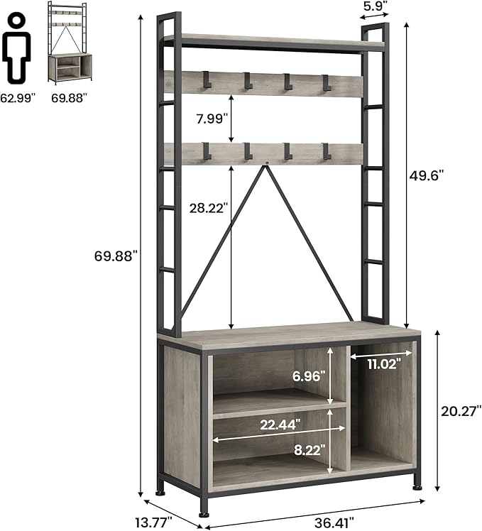 IDEALHOUSE Hall Tree with Bench Coat Rack Shoe Bench Industrial Coat Tree with Storage Cubbies Entryway Coat Rack with Shoe Storage