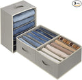 3 Pcs Large Size Wardrobe Clothes Organizers 6 Grids for Pants, Jeans, Sweater, T-shirt, Thin Coat, Dress Stackable Closet Drawer Organizer Storage Bin Container with Sturdy Handles, Grey