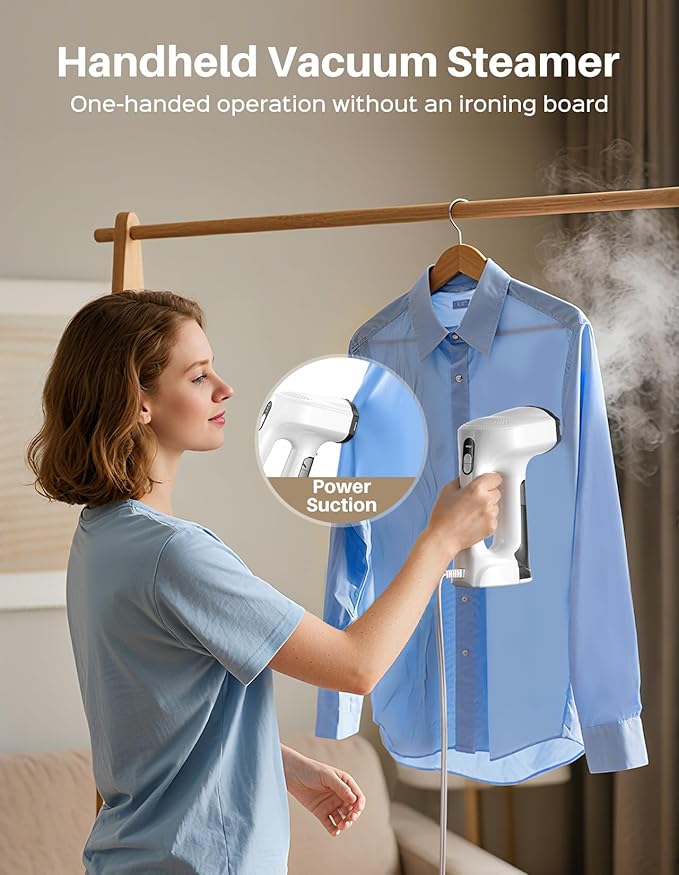 Sweepulire Vacuum Steamer for Clothes, 3500Pa Suction Handheld Steamer, 3 Modes LED Display, 2-in-1 Steaming & Ironing, with Extra 160ml Water Tank, Total 320ml (110-120V)