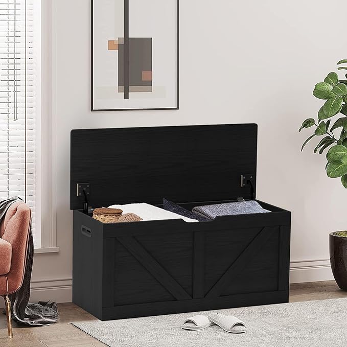 39.4" Storage Chest, Wooden Storage Bench, Large Storage Trunk with 2 Safety Hinges, Entryway Shoes Bench for Living Room, Bedroom, Black