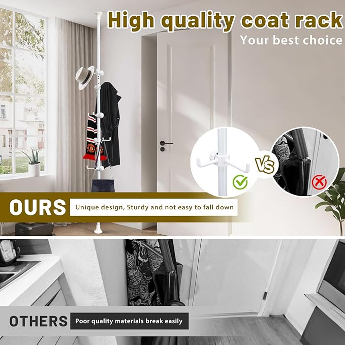 Coat Rack Freestanding,Adjustable 56-125 inch Tension Rod Tree 12 Hooks Hanger Stand for Coat Hat Bedroom Livingroom Kitchen Bathroom Apartment Entryway Hall Office white