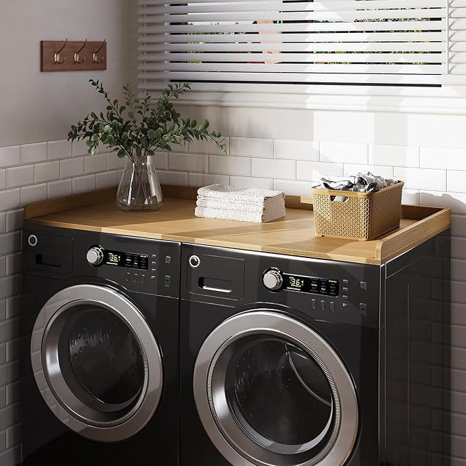 Washer Dryer Countertop, 27.5" x 54“ Wood Washer and Dryer Countertop with Edge Rails for Laundry Room Organization and Storage, Oak