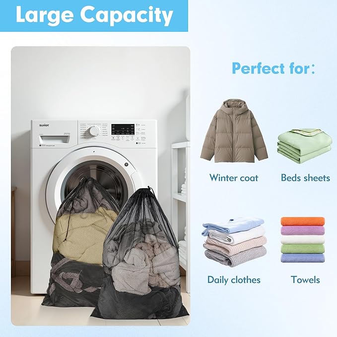 2 Pcs Mesh Laundry Bags, 24x35 Inches Large Mesh Laundry Bag with Drawstring, Large Laundry Drawstring Bag for Travel, Home, College and Apartment