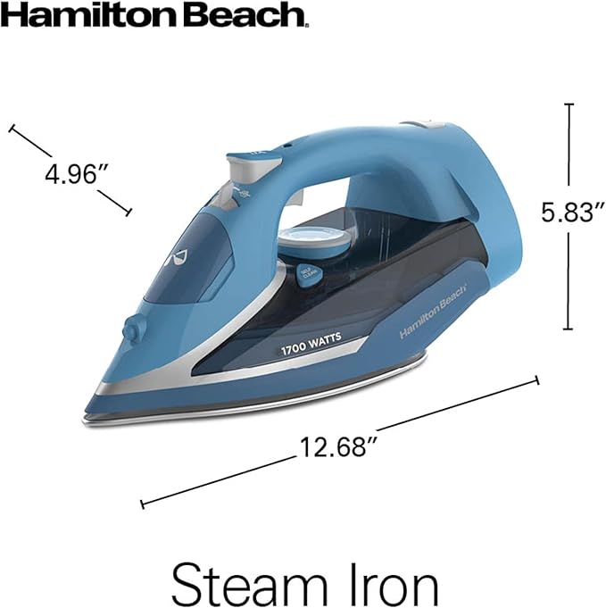 Hamilton Beach Steam Iron for Clothes & Garment Steamer with Durable Stainless Steel Soleplate, 1700 Watts for Ultra-Fast Heat, 8’ Retractable Cord, Auto Shutoff, 350 ml Water Tank, Blue (14216)