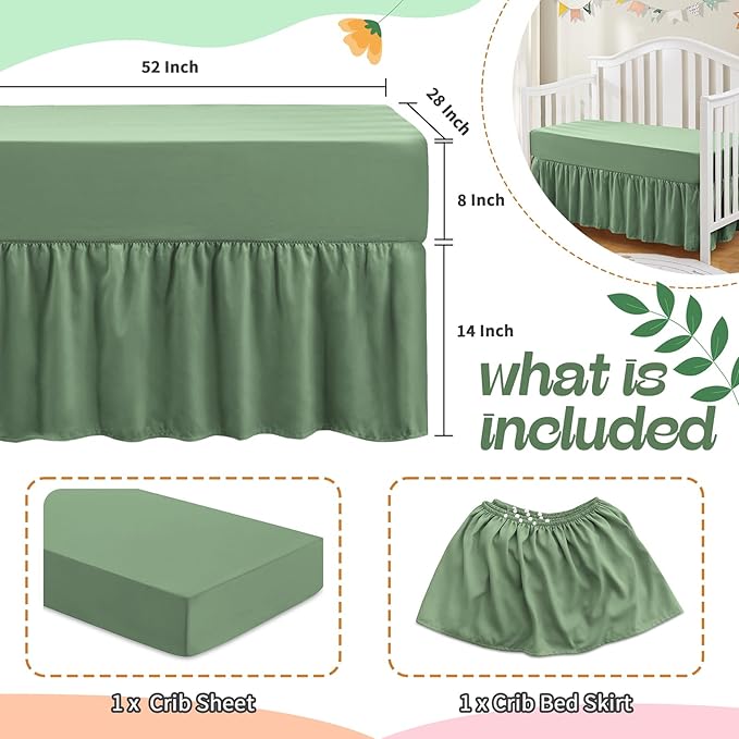 SiinvdaBZX 2-Piece Set Ruffled Crib Skirt & Soft Microfiber Fitted Crib Sheet, 52"x28" + Adjustable Elastic 14" Drop, Fit for Baby Standard Crib & Nursery Toddler Bedding (Sage Green)