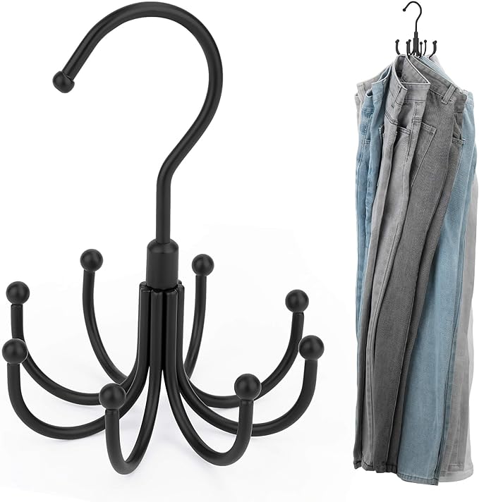 ZEDODIER Jean Hangers Jeans Organizer for Closet, Rotatable Sturdy 8 Hooks Jean Holder, Metal Space Saving Closet Organizers and Storage, Black
