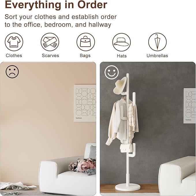 Solid Wood Cactus Coat Rack, Freestanding Coat Rack With 6 L-Shaped Hooks and 3 Adjustable Sizes, Coat Tree for Bedroom, Entryway, Livingroom, Coat Hanger Stand for Coats, Handbags (White)