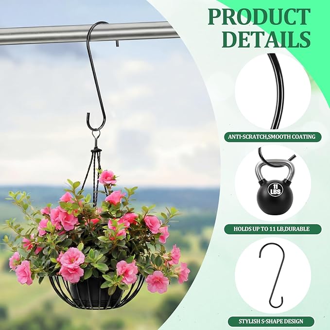 24 Pack 10 Inch Medium S Hooks for Hanging Plants & Closet Organization, Black Vinyl Coated Metal Hangers for Jeans Purses Towels Bird Feeders Heavy Duty Utility Metal Hooks