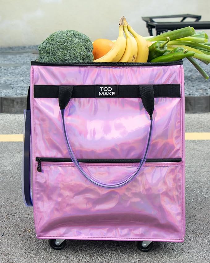 Reusable Grocery Bag on Wheels, Shopping Bags with Wheels and Handle, Folding Rolling Tote Trolley, Zipper Cover, Carries Up to 46 LBS, Waterproof (Medium, Phantom Pink)