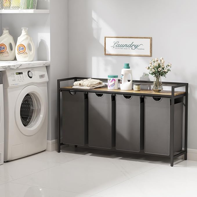 Lifewit Laundry Hamper 4 Section, 168L Pull out Laundry Clothes Basket Organizer with Large Top Shelf and 4 Removable Bags and Handles for Laundry Room Bedroom Bathroom, Gray with A Shelf