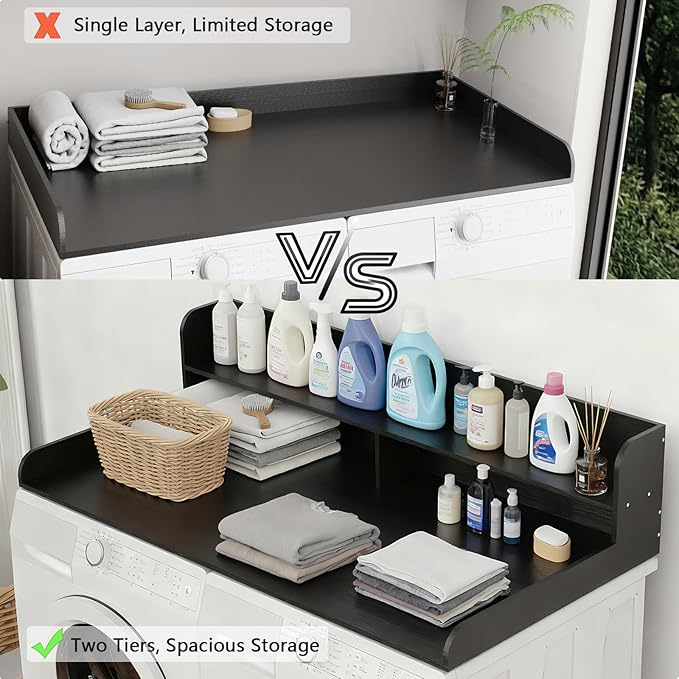 Fabuday 2-Tier Wood Washer Dryer Countertop with Shelf - Two Layers Laundry Topper for Storage & Organization, 54''x27.5''x11.9'' Counter Table with Edge Over Washing & Dryer, Charcoal Black