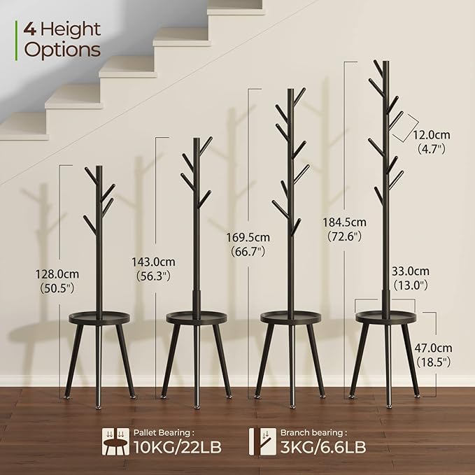 GREENSTELL Coat Rack with 8 Hooks, Wooden Coat Rack Freestanding with Shelf, Coat Tree with 4 Height Options 50.5"-72.6", Coat Hanger Stand for Bags, Clothes, Umbrellas, Hats, in Home, Black