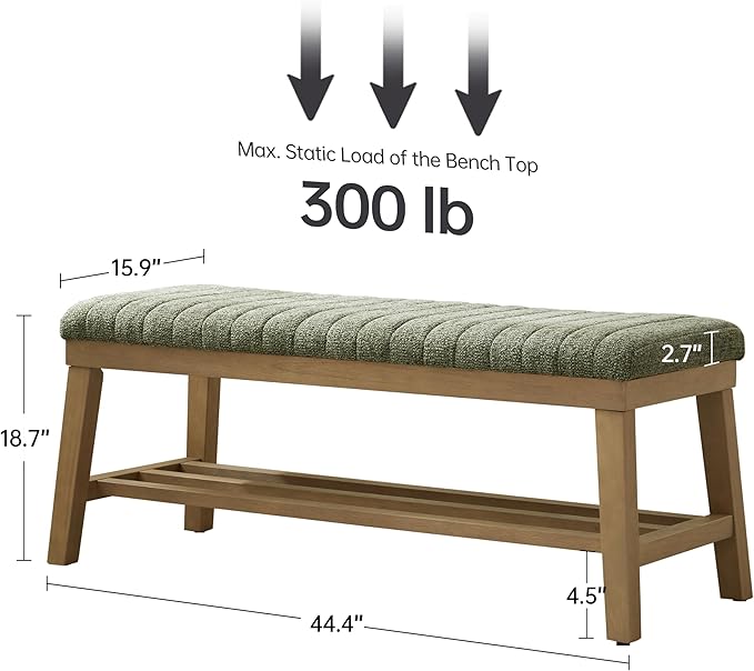 VKNOW Entryway Bench, 44.4" Upholstered Storage Shoe Bench for Entryway & Bedroom, Shoe Rack Bench with Rubberwood Legs, Modern End of Bed Bench for Living Room and Hallway, Green