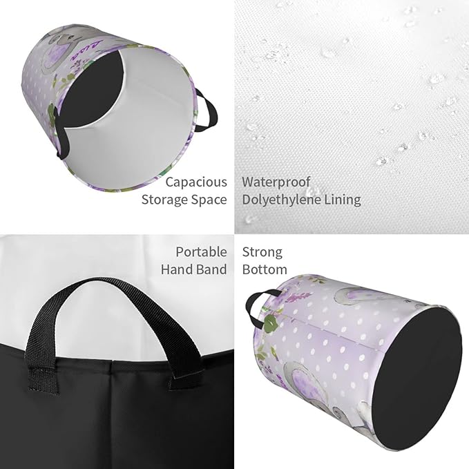 Purple Flower Pretty Elephant Personalized Laundry Hamper Custom with Name Collapsible Waterproof Storage Basket with Handles for Bedroom Clothes Toys.