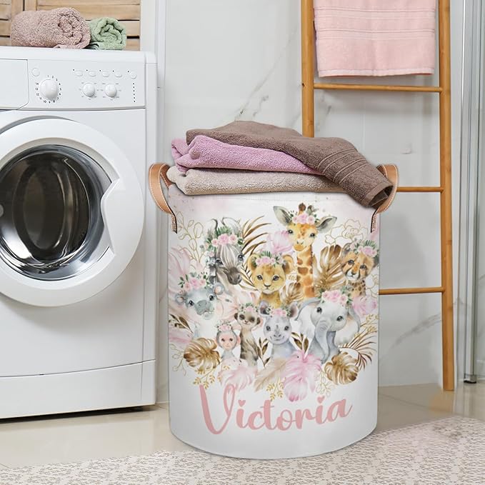Personalized Laundry Basket, Custom Gift Laundry Hamper, Collapsible Nursery Waterproof Laundry Baskets, Dirty Clothes Toy Hamper with Handles Gold Boho Safari Animals