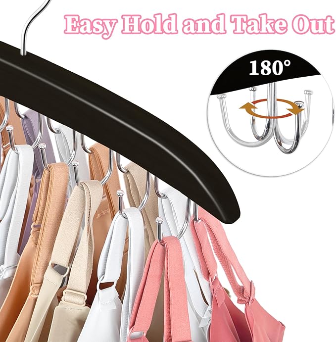 2 Pack Bra Organizer for Closet, 360° Rotating Bra Hanger Space Saving w/20 Foldable Metal Hooks, Tank Top Hanger Closet Organizers and Storage for Camisoles/Tank Tops/Bras/Belts/Scarves Black