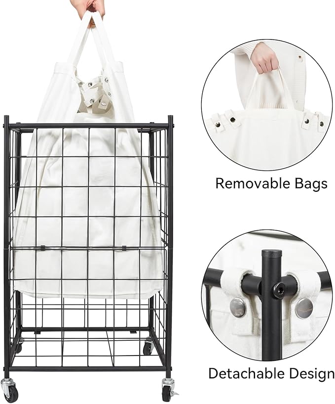 WOWLIVE Laundry Hamper with Wheels,Metal Wire Frame Rolling Laundry Basket with Removable bag,100L Dirty Clothes Hamper Organizer Dorm Room Storage for Bedroom,Bathroom,Black and White