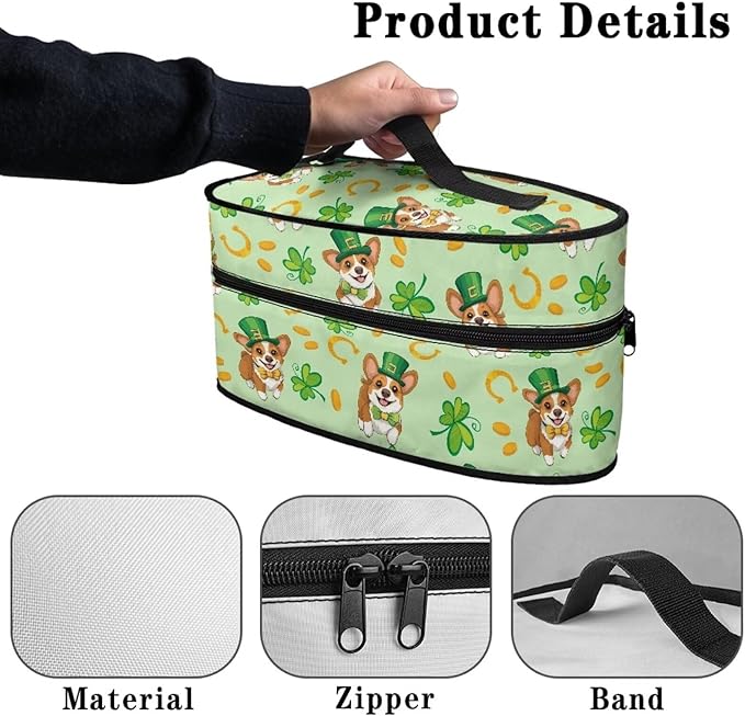 Saint Patricks Day Iron Storage Case Protective Carrying Bag Cute Reusable Four Leaf Clover Corgi Steam Iron Storage Bag with Zipper Handle Fits Outing