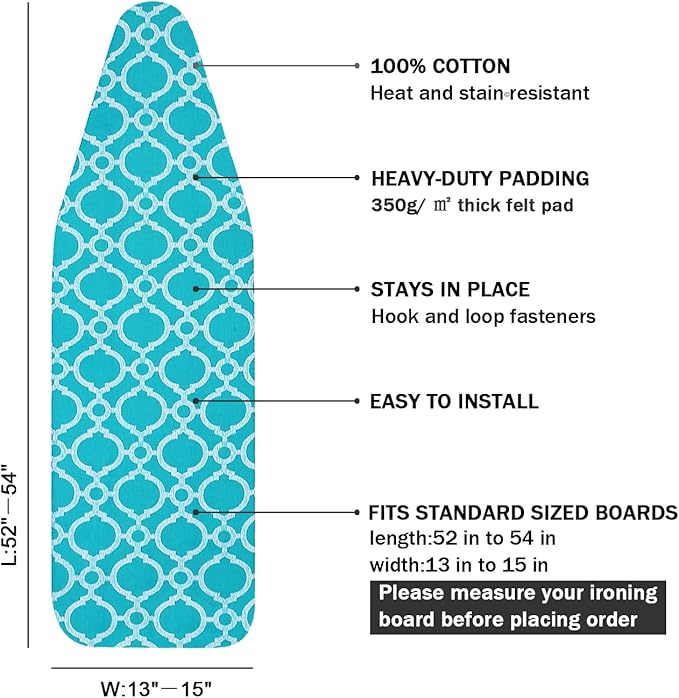 Ironing Board Cover and Pad Standard Size 15" x 54",3 Pairs of Hook and Loop Fastener Straps,Elastic Edges,Cotton Iron Board Cover with Scorch Resistant Thick Padding(Blue)