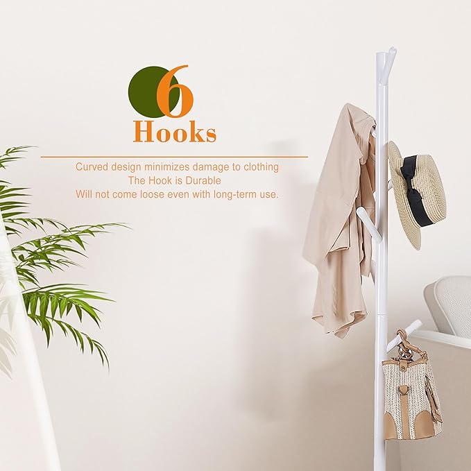 VECELO Coat Rack Freestanding, Entryway Hanger Stand, Umbrella Holder, Hall Tree With Hooks, Floor Standing Metal Tree Stand,White, Medium-sized