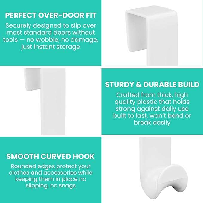 Iconikal 6-Pack Over The Door Hooks Plastic White Valet Hanger for Coats Towels Robes Bags Bathroom Bedroom Closet Organizer No Tools Bulk Pack